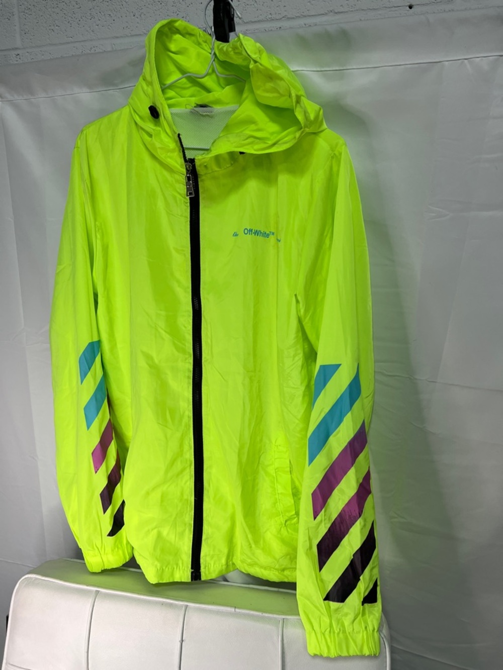 Off-White Neon Yellow windbreaker ' with Diagonal Sleeve Stripes